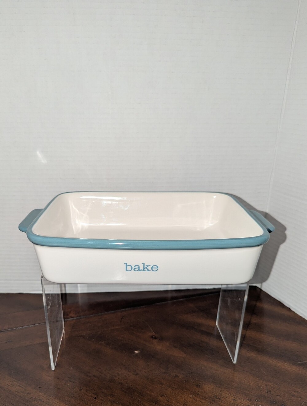 Crate & Barrel White Stoneware "Bake" Rectangular Baking Dish Blue Rim